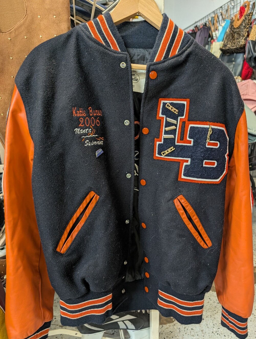Vintage Y2K Navy & Orange Varsity Letterman Jacket Swimmers Size Small
